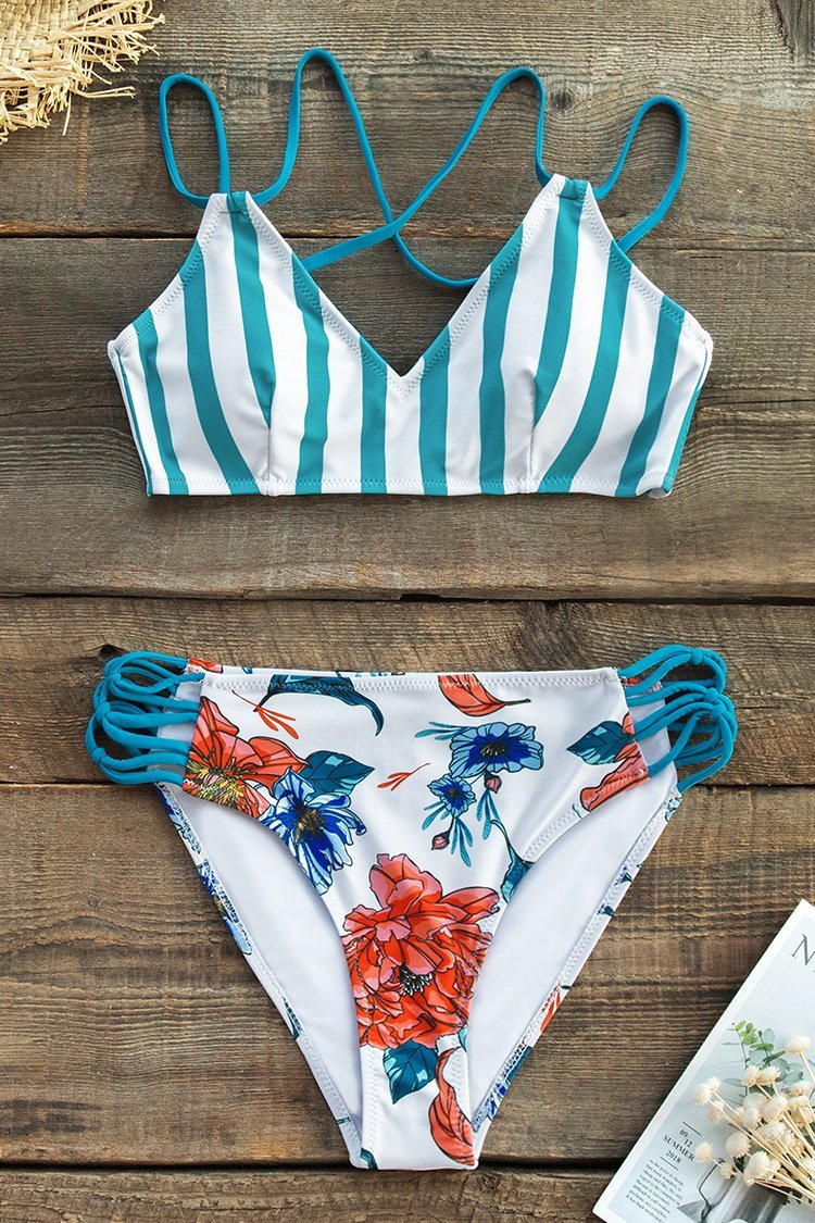 Streifen und Blumen Riemchen High-Waisted Bikini