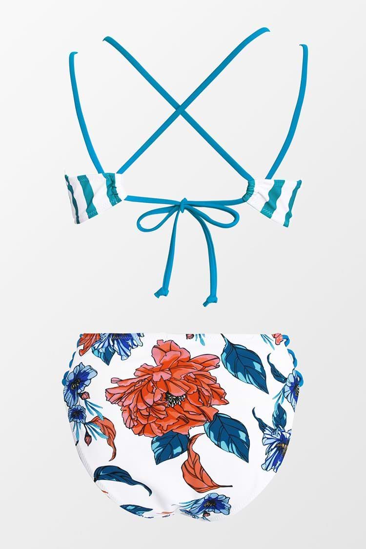 Streifen und Blumen Riemchen High-Waisted Bikini
