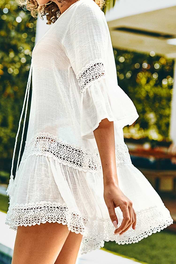 Weiße gekräuselte Tunika Cover Up