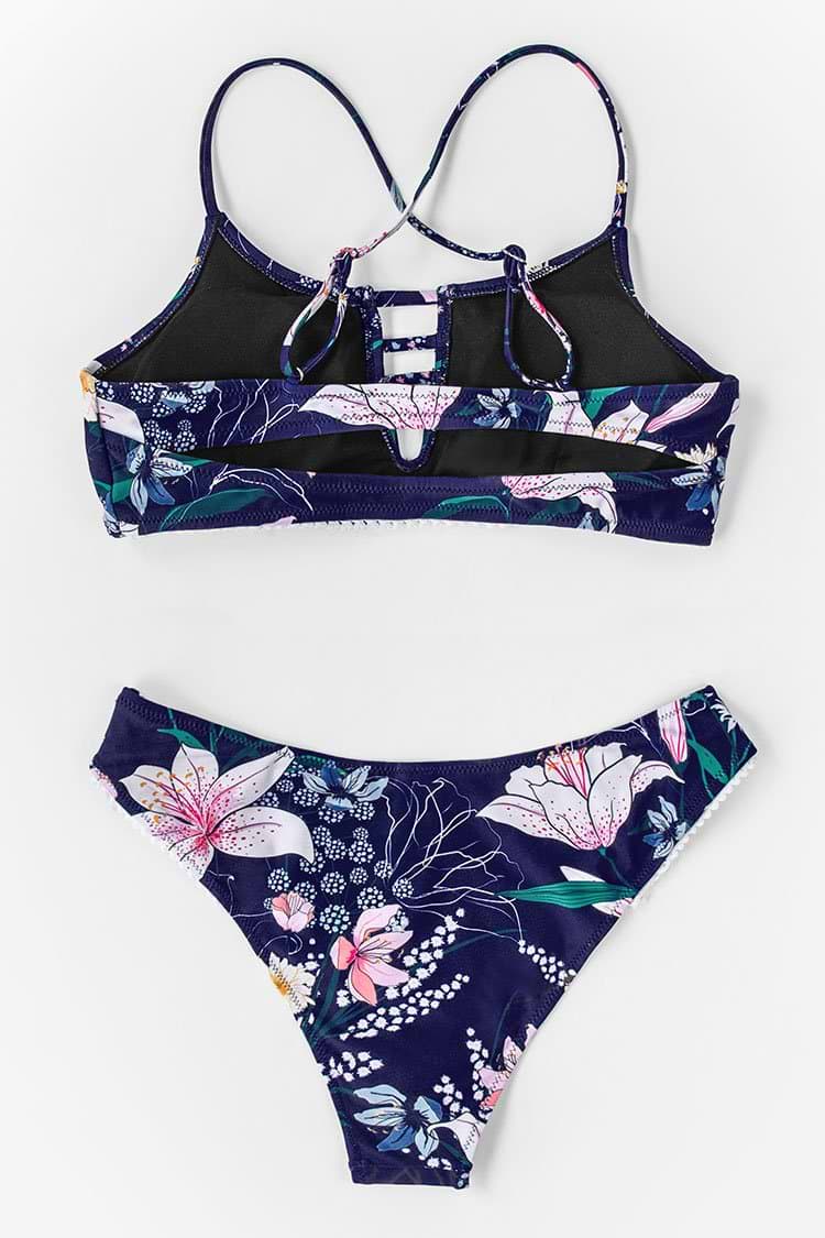 Bikini à découpes à fleurs bleu marine