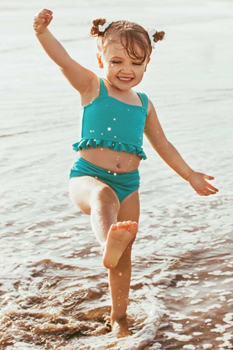 Gerippter und gekräuselter Bikini in Blaugrün für Mädchen