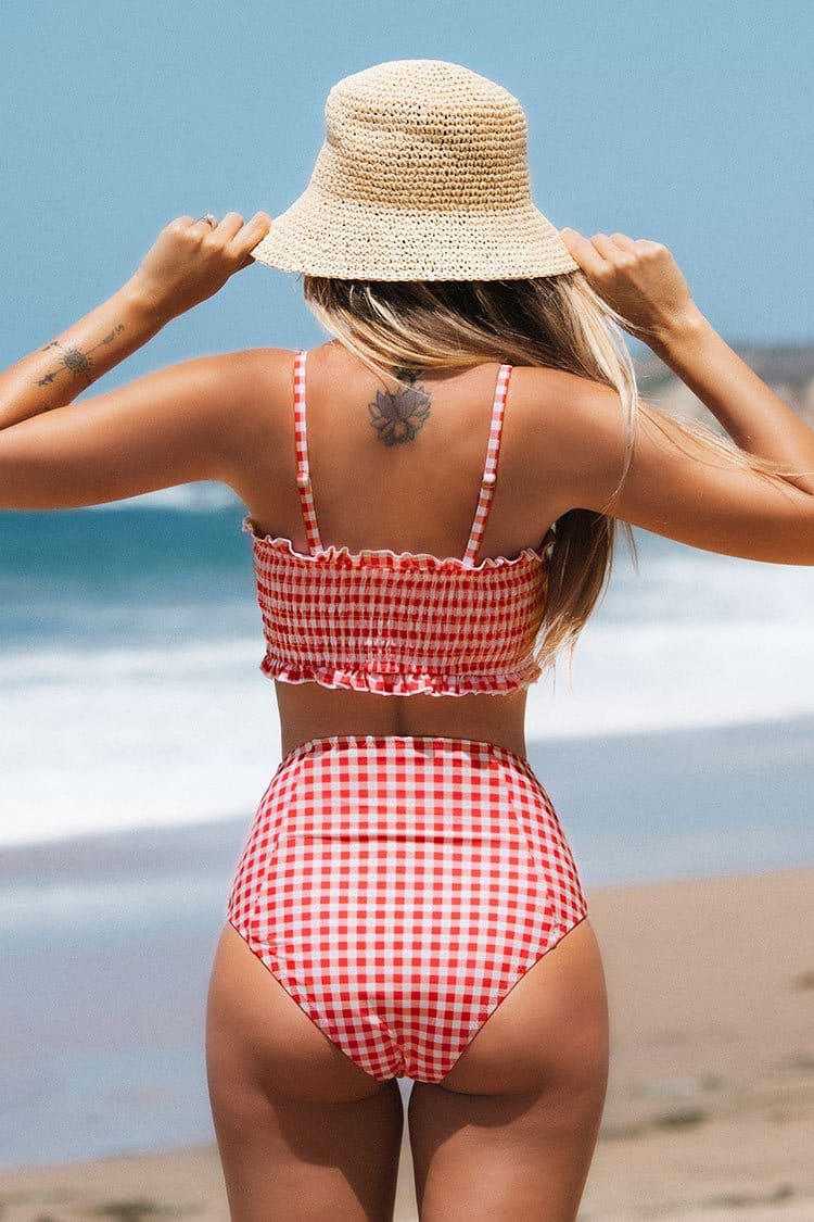 Bikini bandeau en vichy rouge