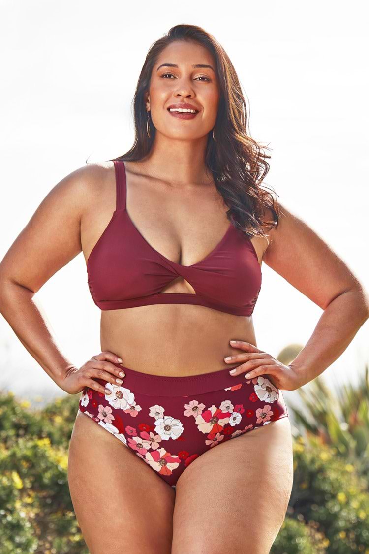 Bas de bikini grande taille à taille haute imprimé floral