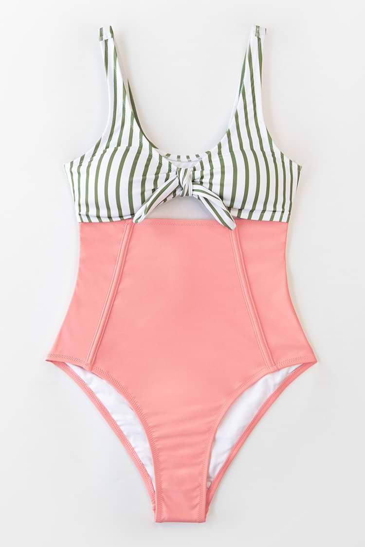 Geknoteter Badeanzug mit Streifenmuster in Pfirsichfarbe