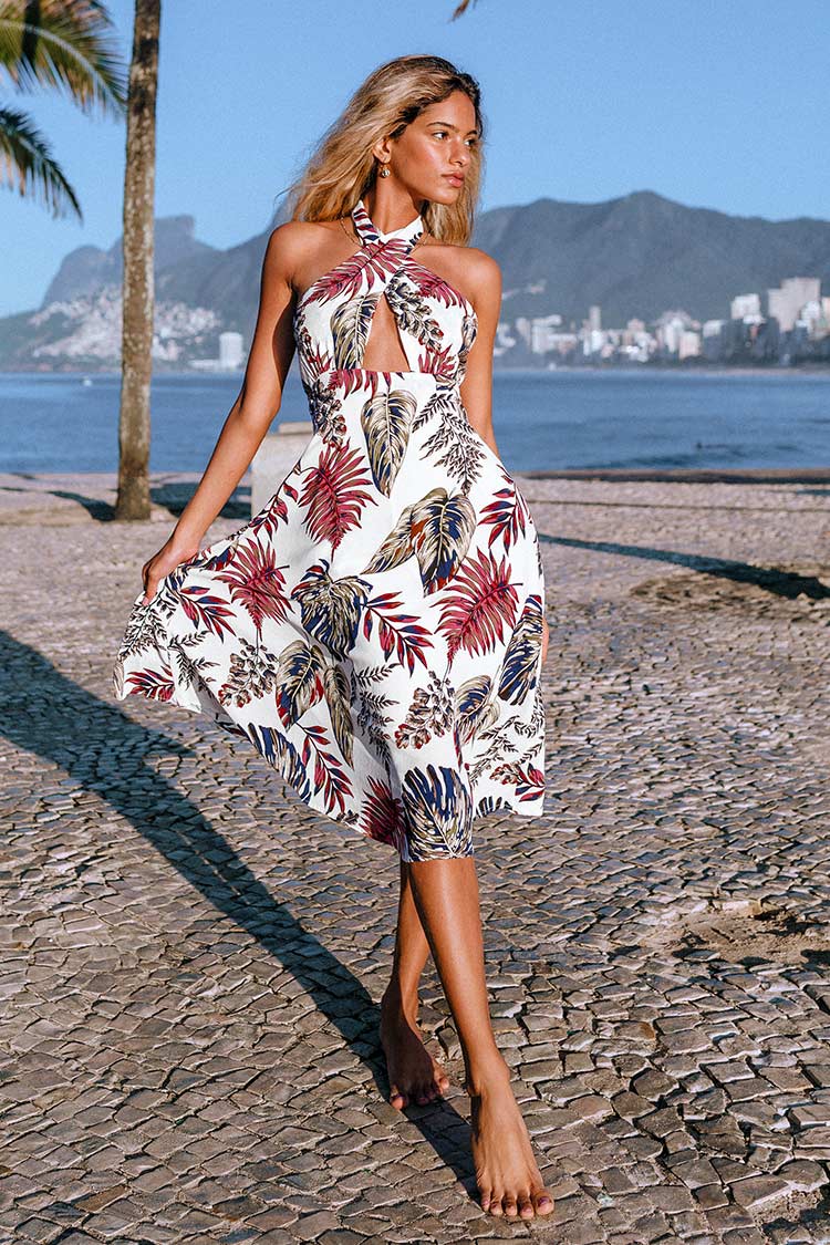 Tropisches Neckholder-Kleid mit Blattmuster