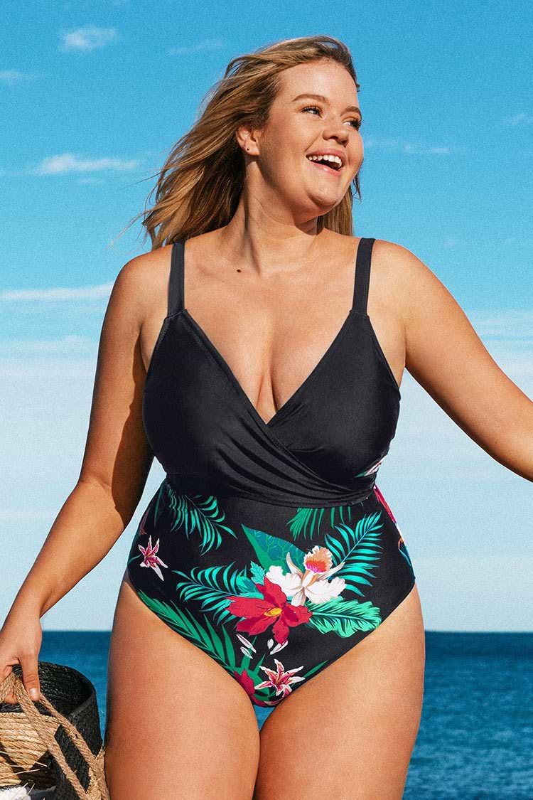 Große Größen Badeanzug mit Blumenmuster und Wickel