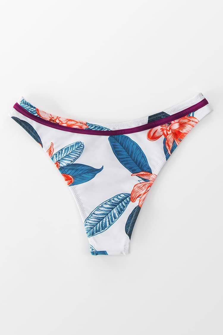Bas de bikini blanc imprimé floral et feuilles