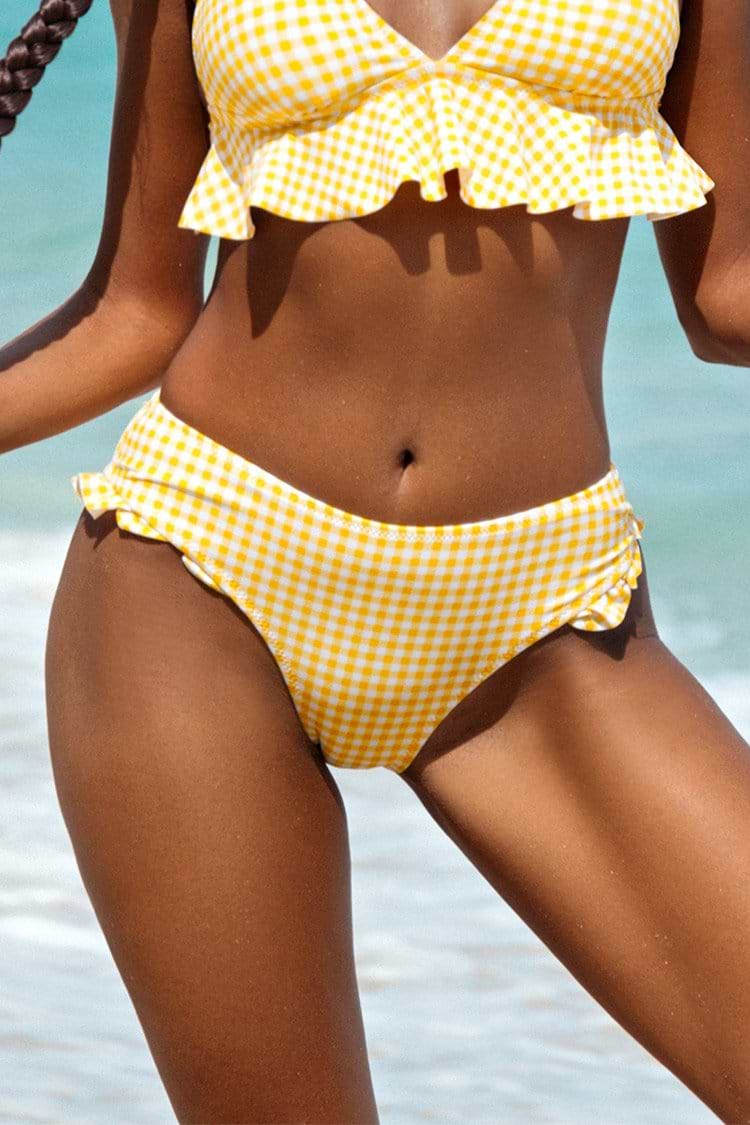 Bas de bikini à volants imprimé vichy jaune