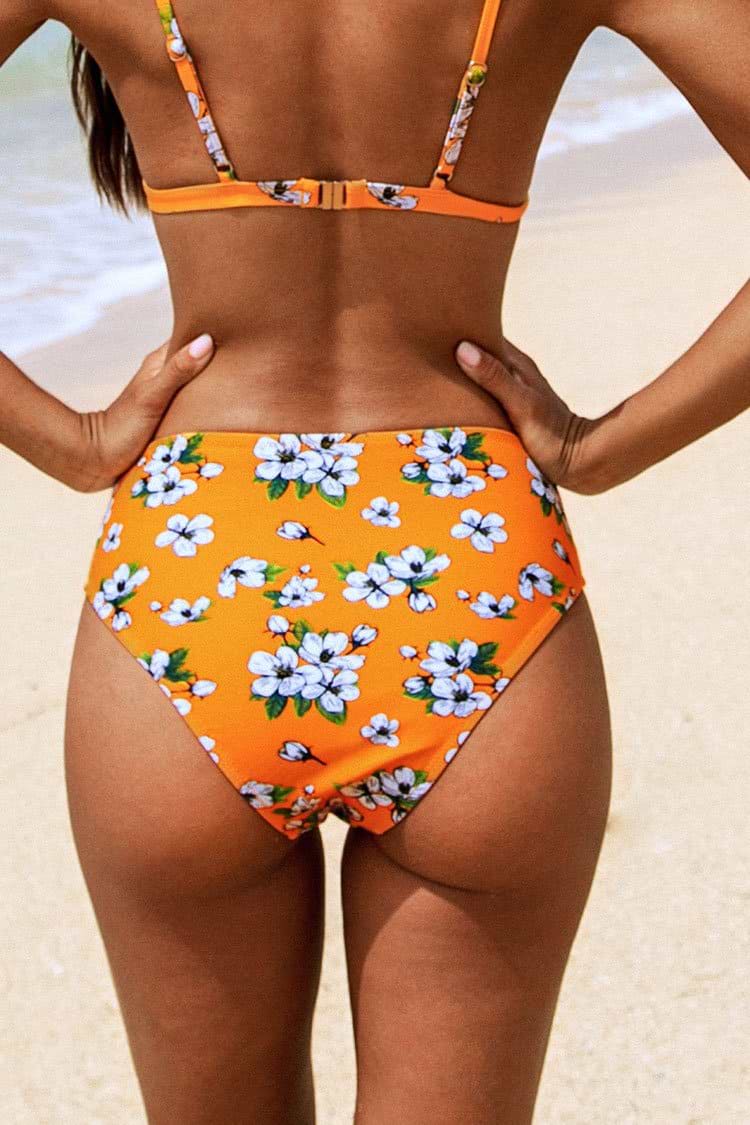 Bas de bikini taille moyenne imprimé floral jaune