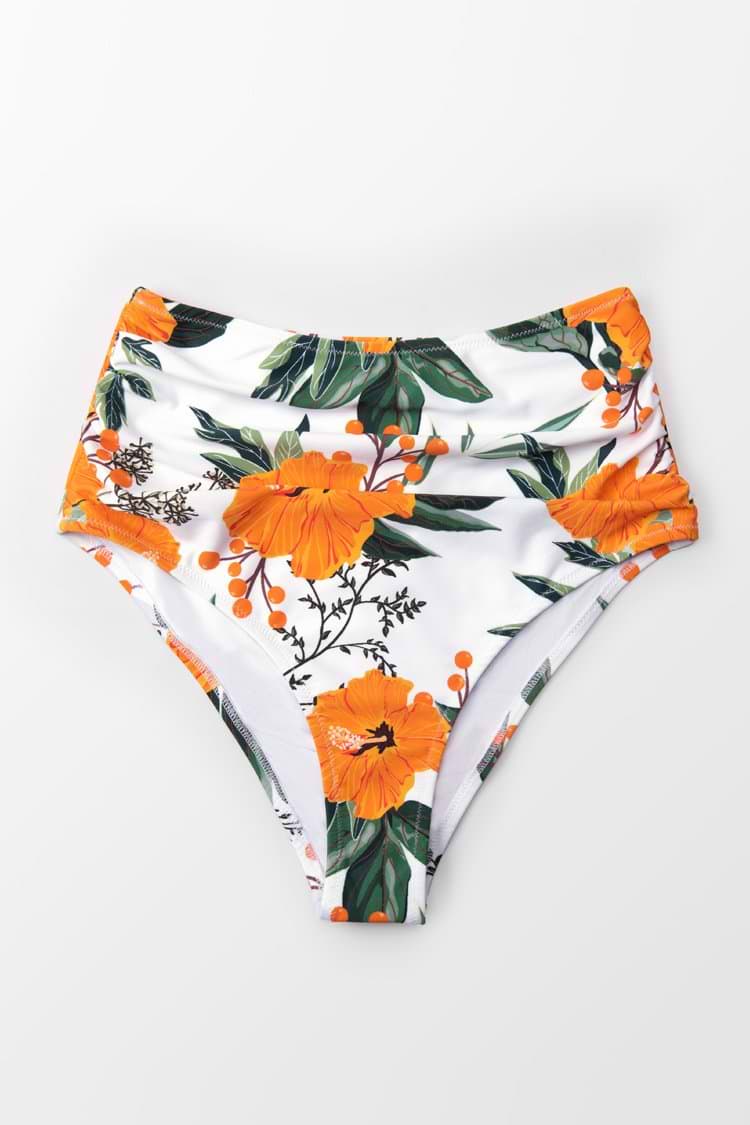 Geraffete Bikini-Hose mit High-Waist und Blumenprint