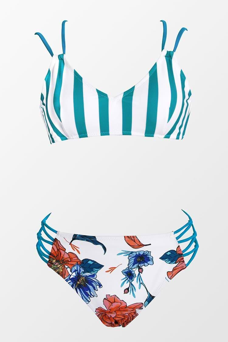 Streifen und Blumen Riemchen High-Waisted Bikini