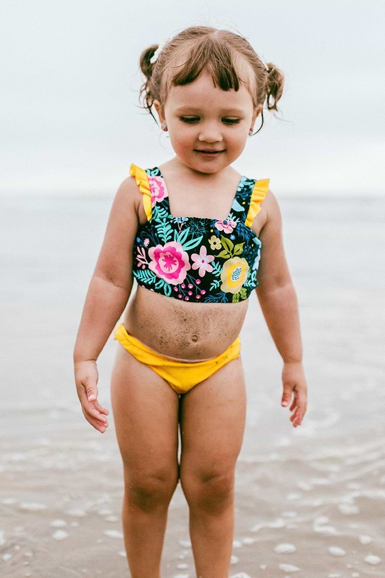 Bikini bandeau à volants fleural pour filles