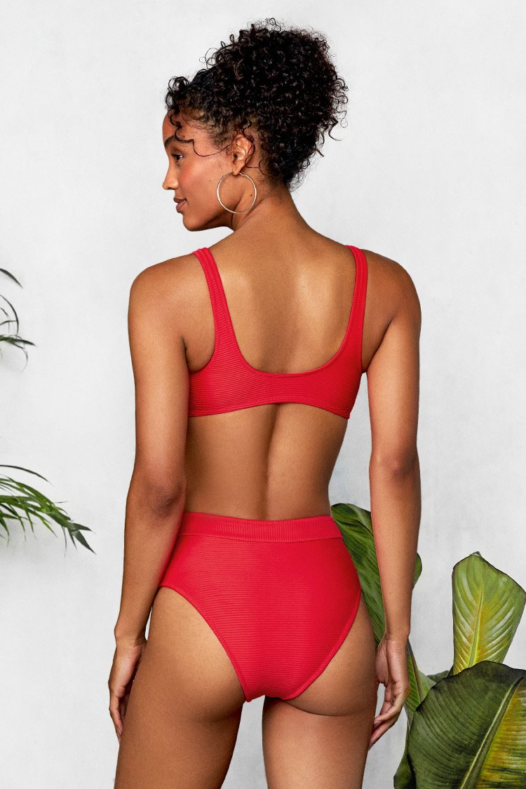 Geripptes Bikini-Set mit Zierschleife in Rot
