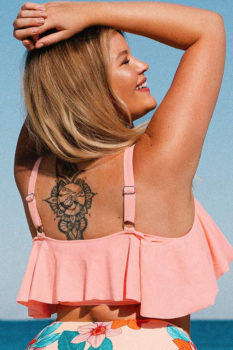 Große Größen Rosa Bikinioberteil mit Rüschen