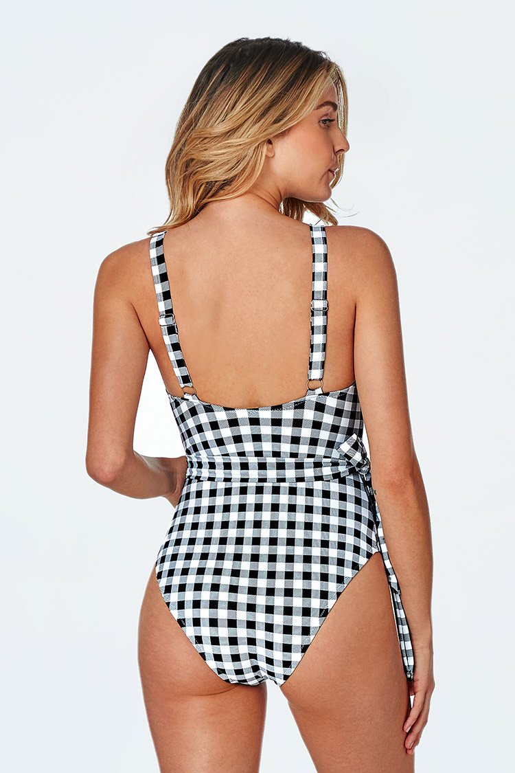 Gingham Badeanzug mit V-Ausschnitt