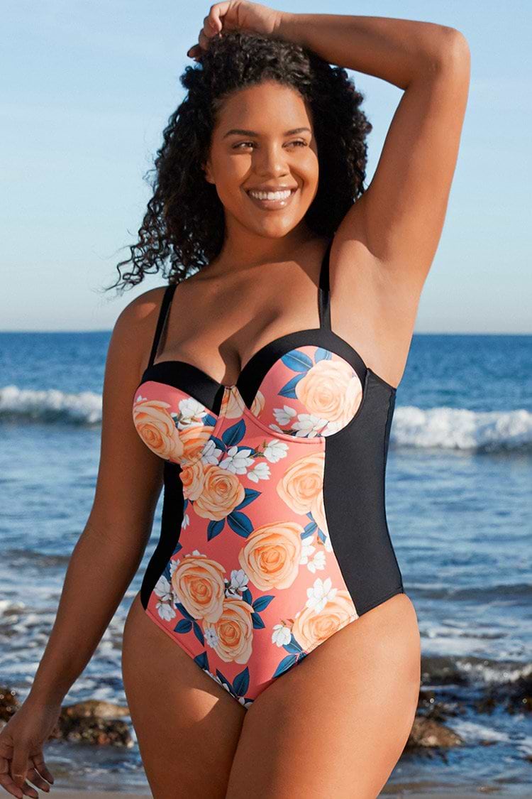 Maillot de bain une pièce grande taille imprimé floral noir