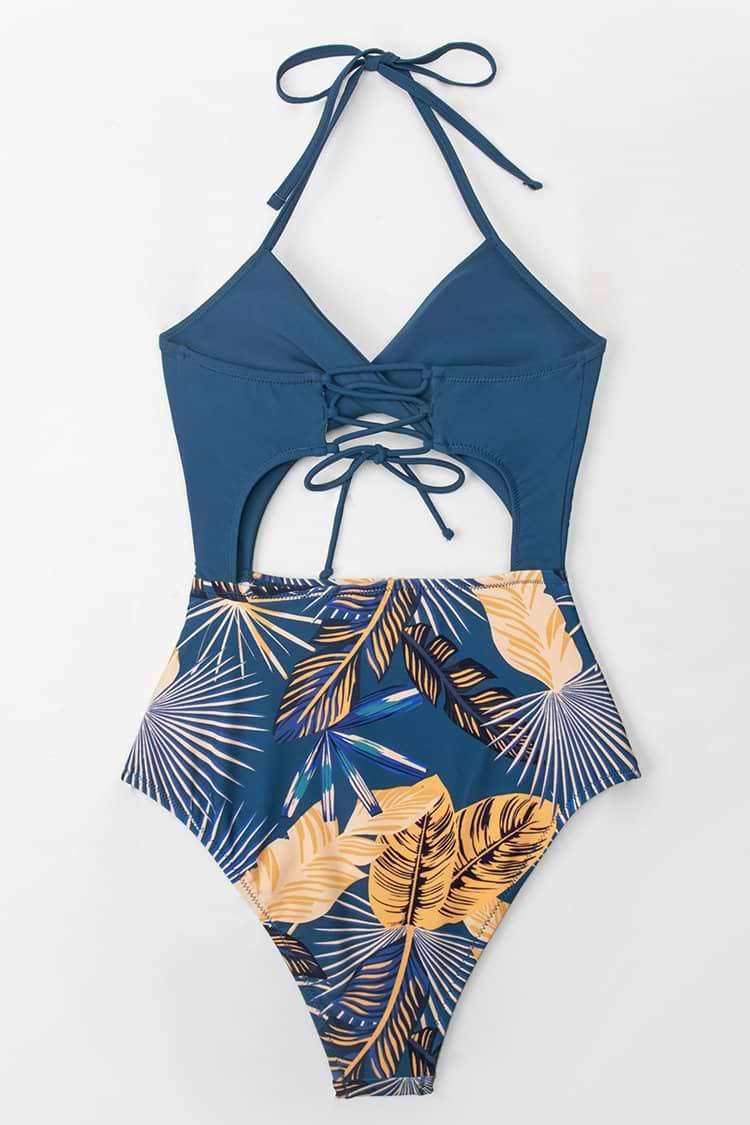 Neckholder Badeanzug mit Blumenmuster in Marineblau