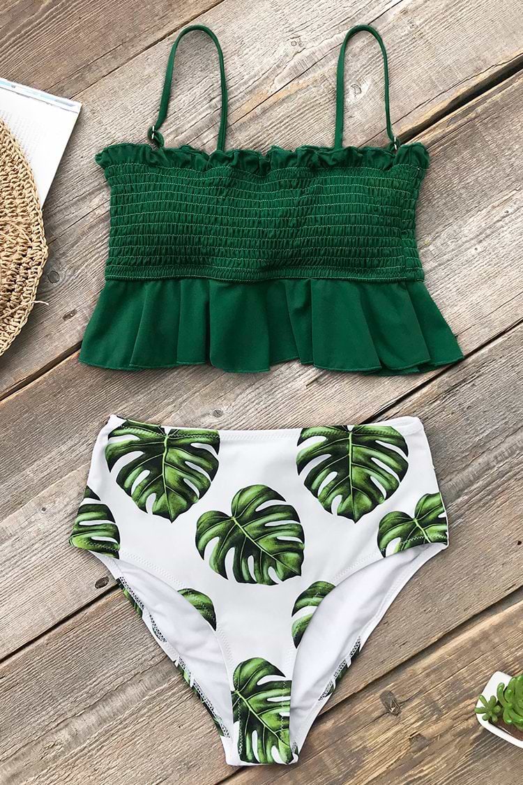 Bikini à smocks taille haute imprimé feuilles vert