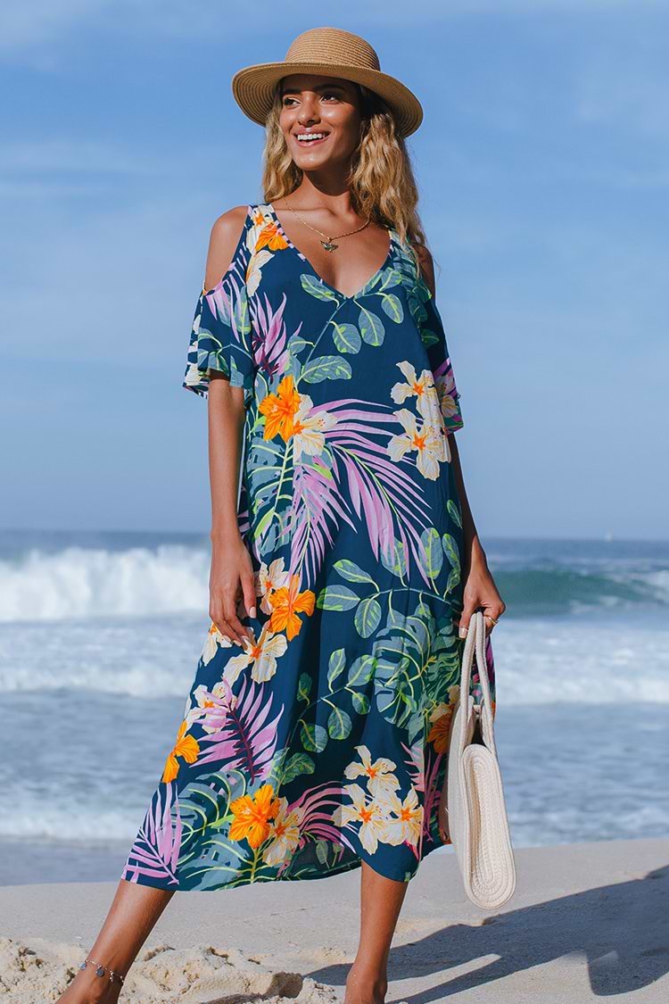 Florales schulterfreies Kleid mit V-Ausschnitt