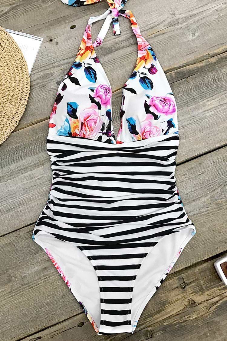 Maillot de bain une pièce dos nu imprimé floral et rayé