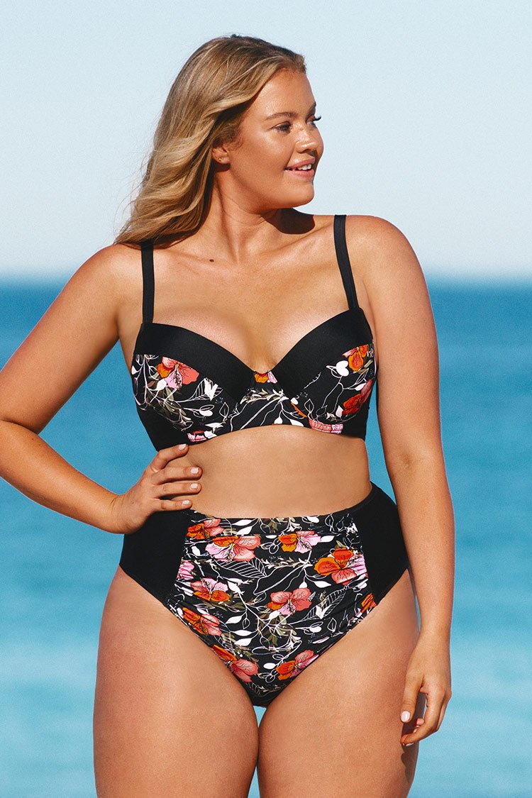 Bas de bikini grande taille à taille haute imprimé floral noir