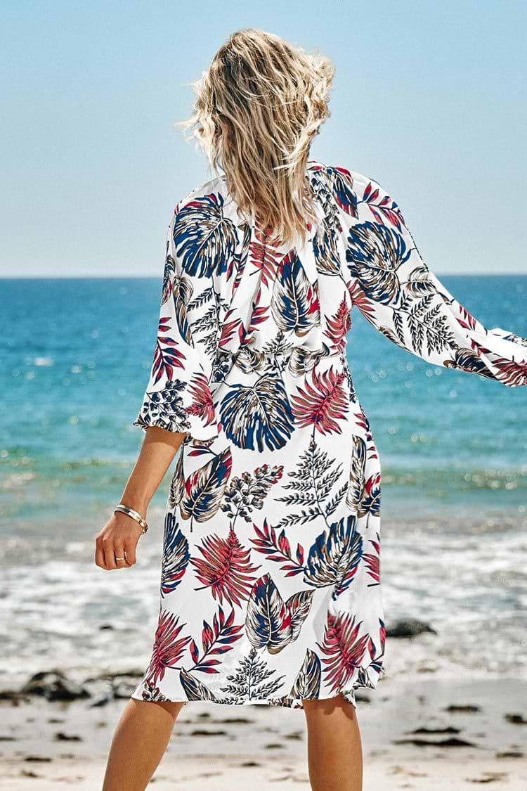 Robe rétro à manches longues imprimé feuillues rétro