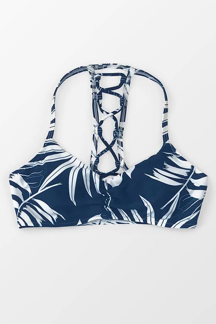 Bikini-Oberteil mit Blätter-Print in Blau