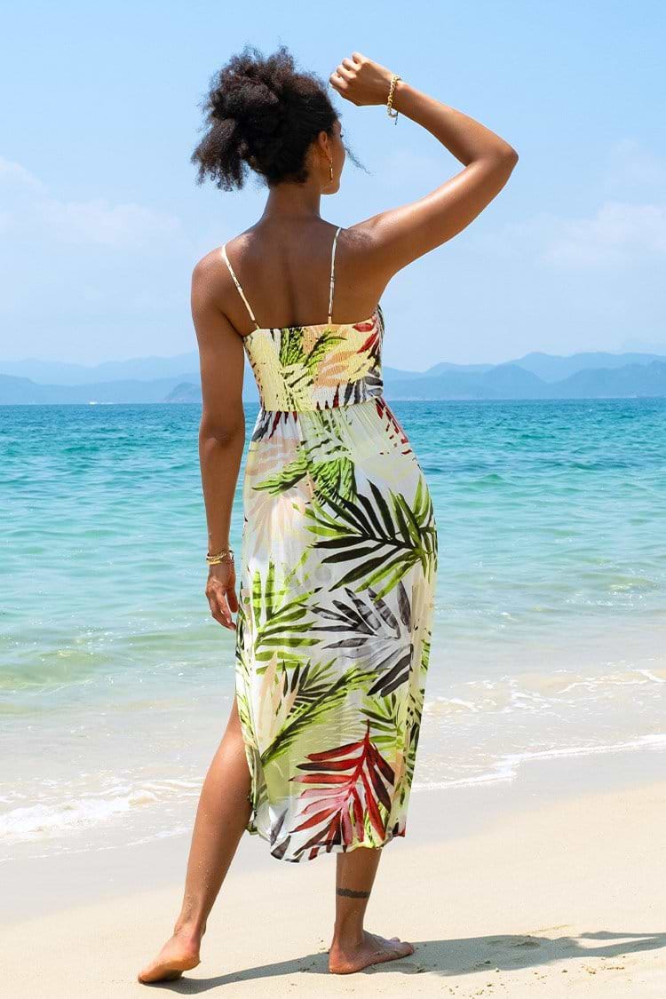 Robe à bretelles fines imprimé feuilles