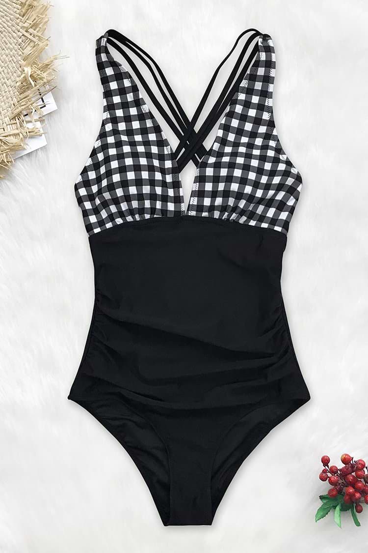 Schwarz und Weiß Gingham Falte Badeanzug