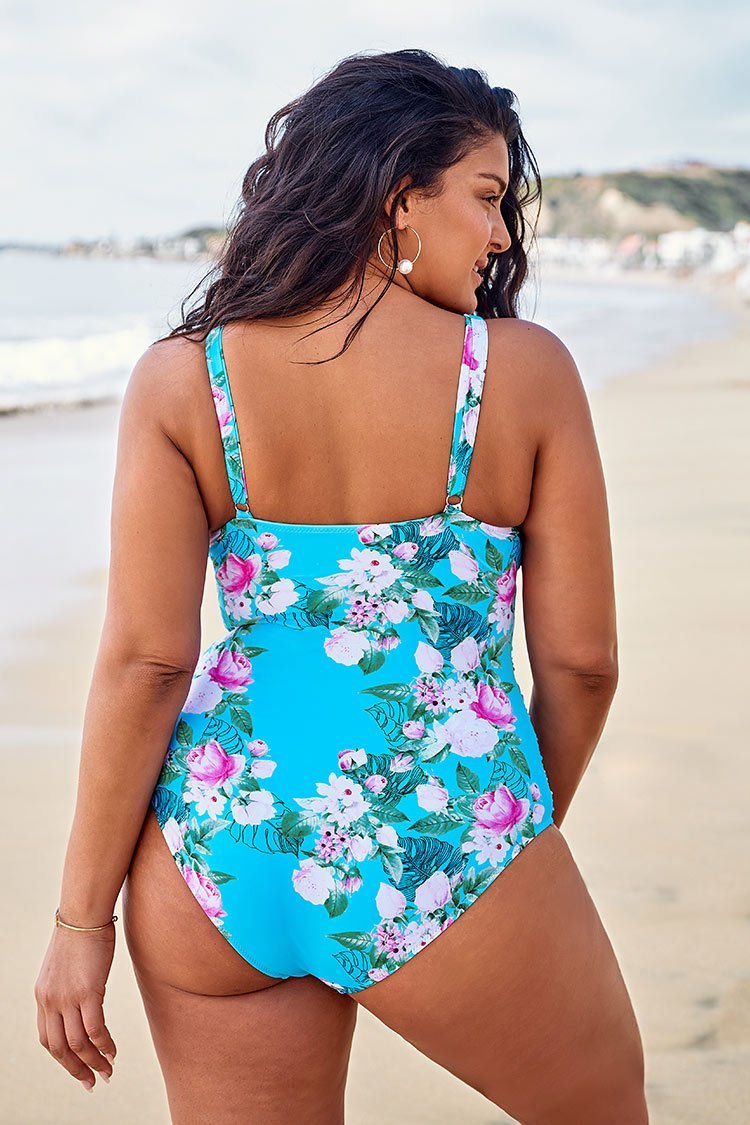 Maillot de bain une pièce grande taille bleu à fleurs