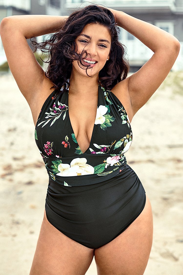 Maillot de bain une pièce grande taille avec licou et imprimé floral