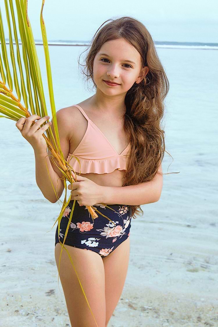 Pink Ruffle Bikini with High Waisted Bottom for Toddler Girls and Girls