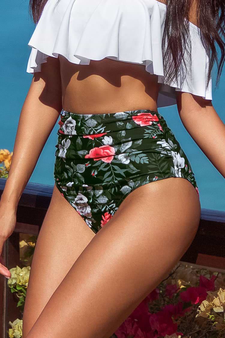 Bas de bikini taille haute à fleurs rouge