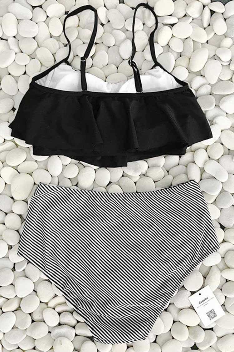 Bikini à volants taille haute noir