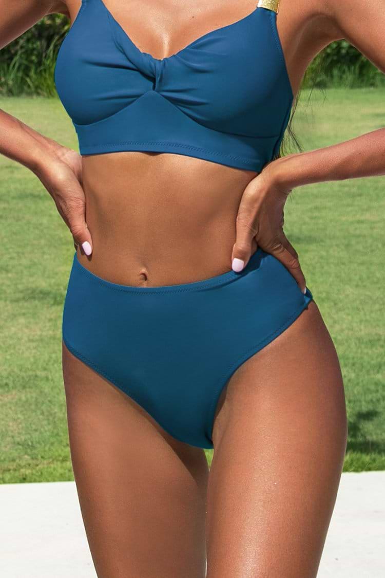Bas de bikini taille haute froncé bleu