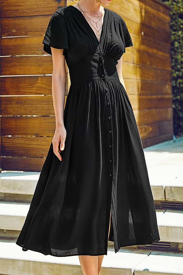 Short Sleeve Buttoned V-Neck Midi Dress