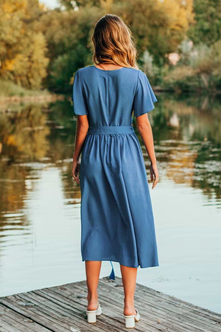 Blue V-Neck Belted Midi Dress