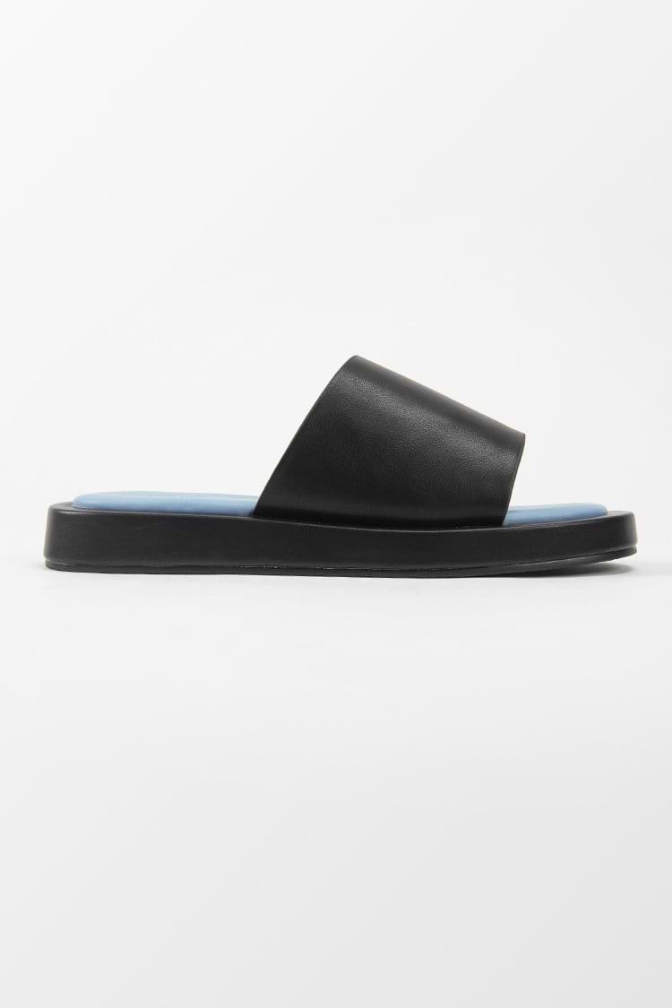 Coffee Run Black Wide Band Slide Sandals