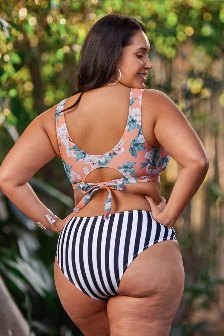 Floral and Striped Plus Size Bikini Swimsuit