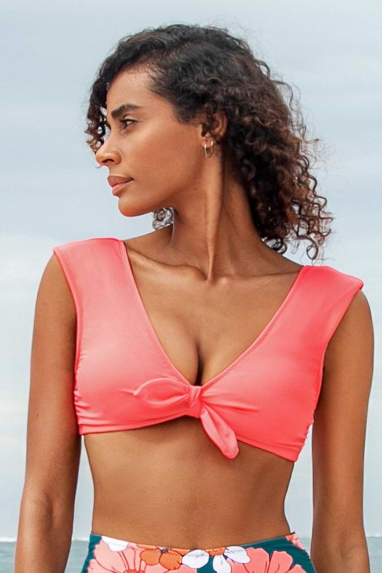 Neon Pink Cap Sleeve Knotted Bikini Top