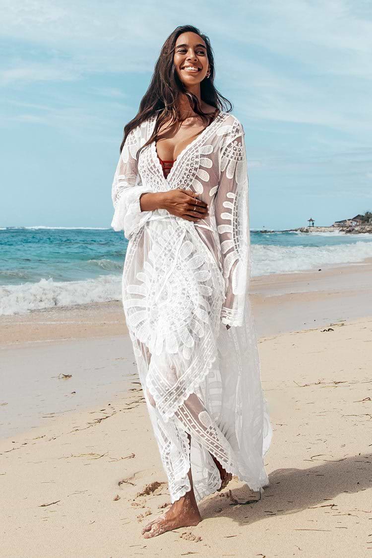 Floral Mesh Long Kimono Cover Up