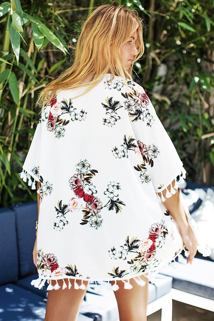 Chiffon Floral Print Cover Up with Tassels