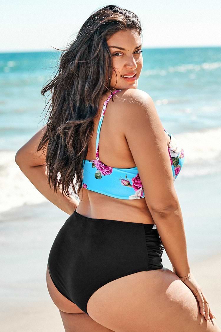 Plus Size Floral and High Waisted Black Bikini Swimsuit