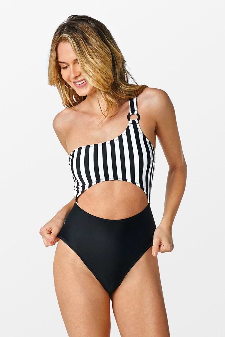 Black Striped One shoulder O-ring Cutout Swimsuit