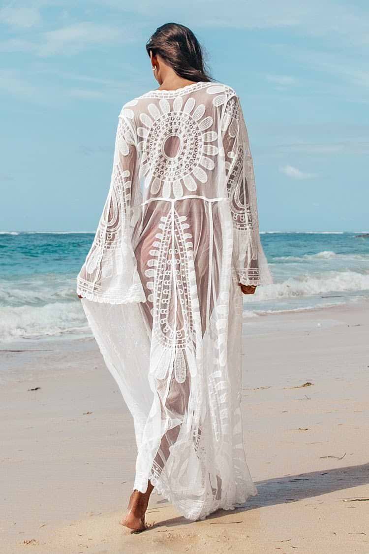 Floral Mesh Long Kimono Cover Up