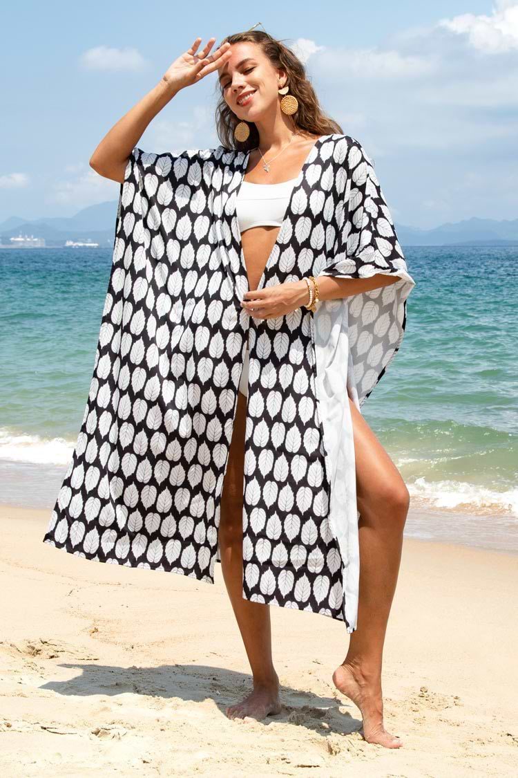 Julissa Black and White Leafy Kaftan Cover Up