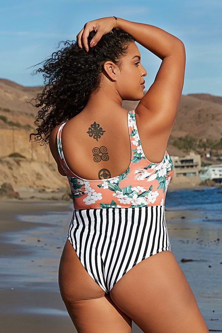 Floral and Striped Cutout Knotted Plus Size One Piece Swimsuit