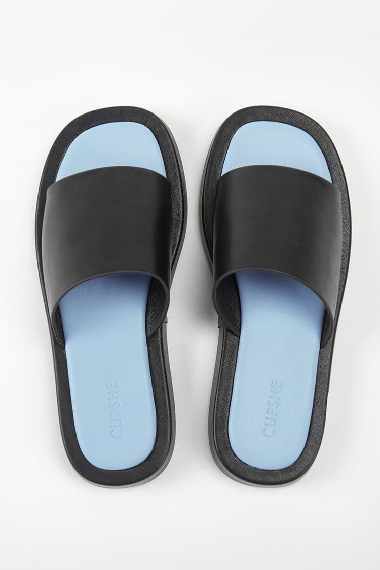 Coffee Run Black Wide Band Slide Sandals