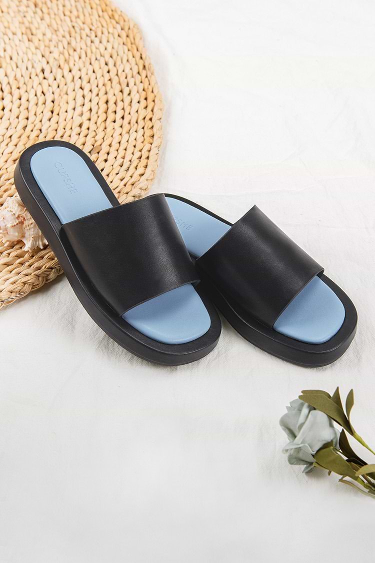 Coffee Run Black Wide Band Slide Sandals