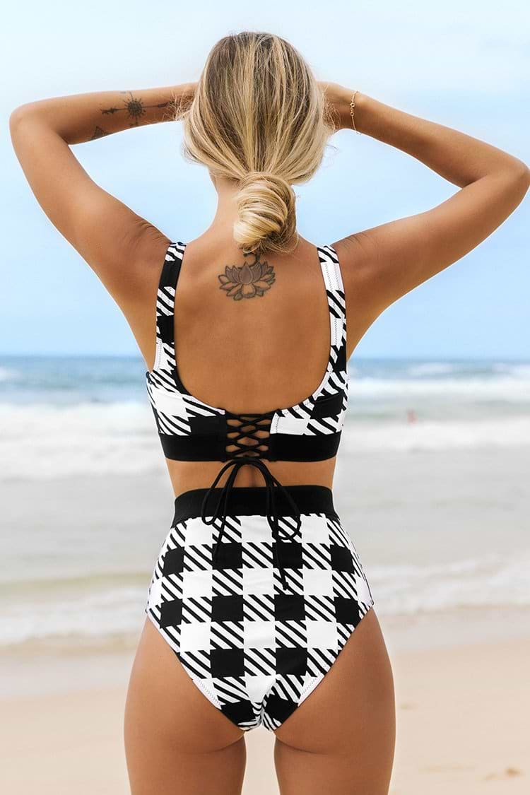 Black and White Plaid High Waisted Bikini
